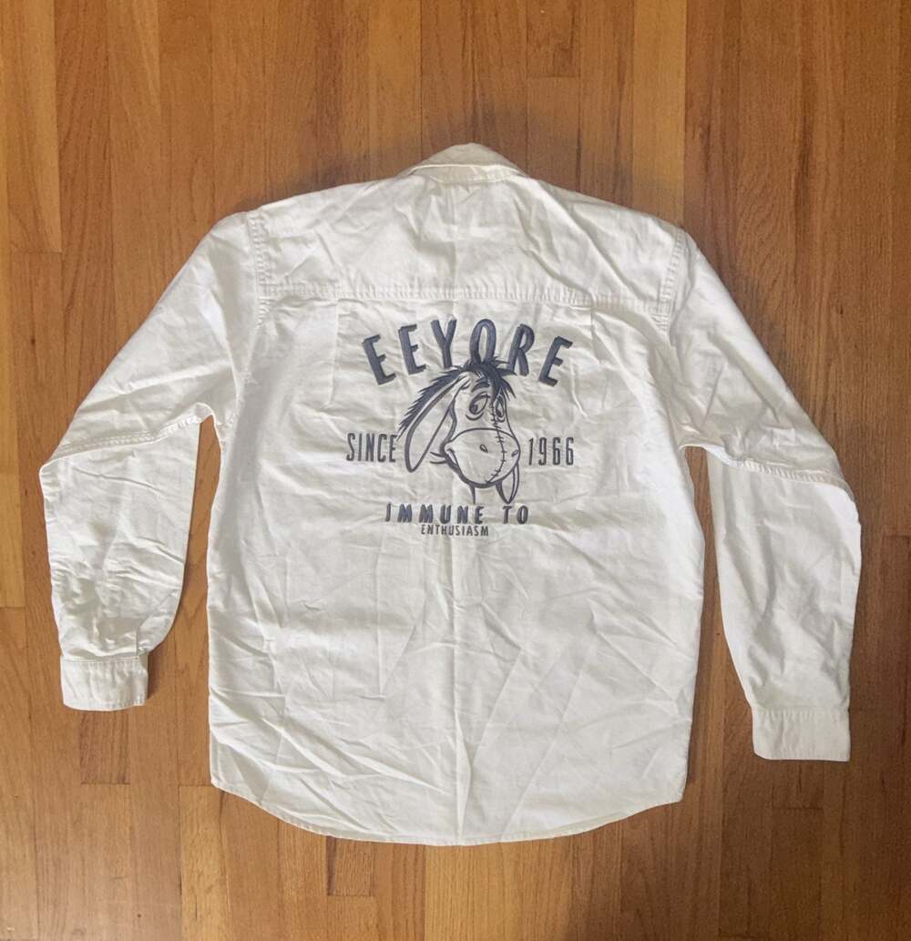 Disney Eeyore Button Down Shirt Womens Small White Embroidered Long Sleeve